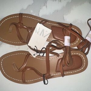 Zara Tan Genuine Leather Strappy Sandals